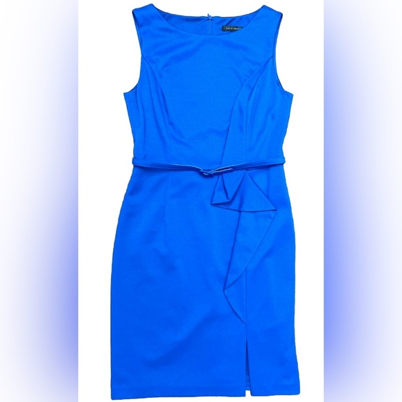David Meister Sheath Dress Blue Size 6 Belted Ruffle Business Chic Sleek EUC - Picture 1 of 16